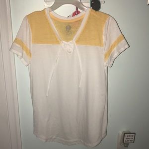 Yellow and White Shirt With Laces In Front